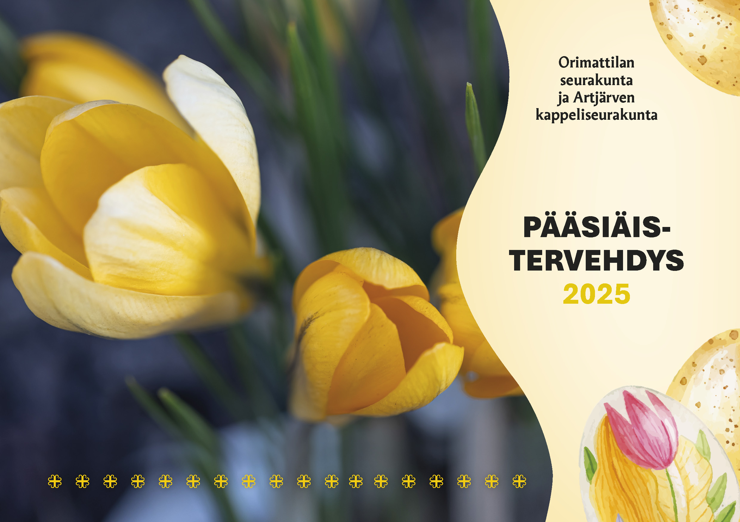 keltaisia krookuksia ja piirroskuvina pääsiäismunia ja kukkia