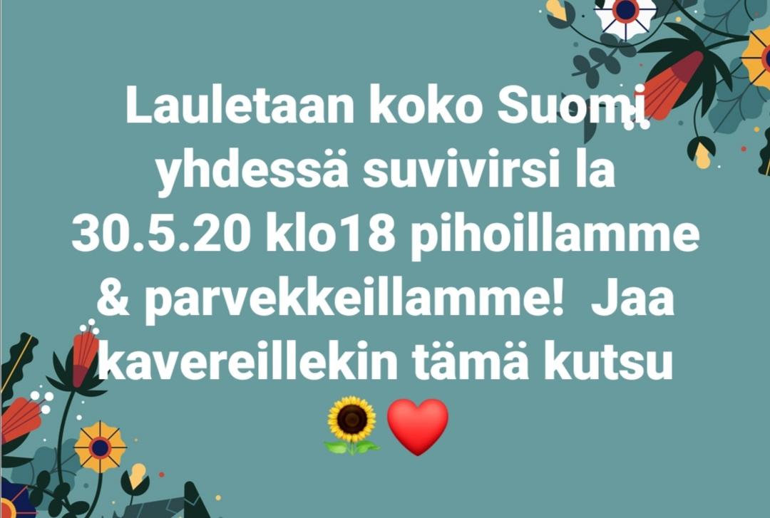 Suvivirsihaaste ympäri Suomen klo 18 - myös seurakunnan YouTube-kanavalla suvivirsi pihoilla ja parvekkeilla - teksti