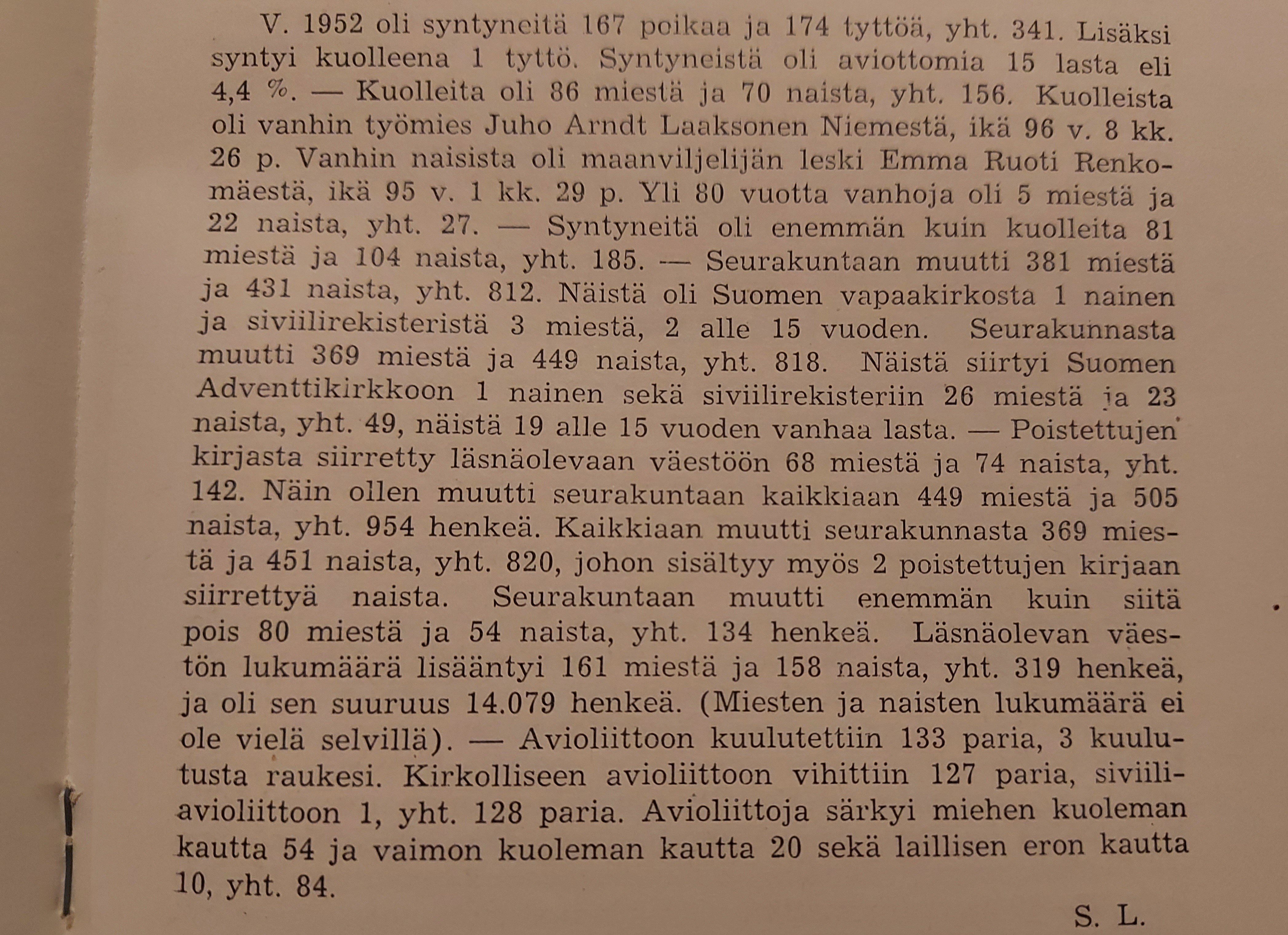 Seurakunnan jäsentilastoa vuodelta 1952