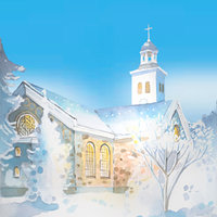 Piirros Orimattilan kirkosta lumisateessa